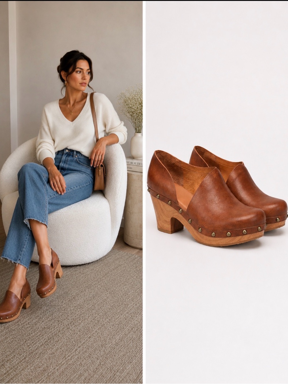 KORKS Korkease Arielle D’orsay Clog Booties Wooden Studded Heel Tan Brown 8M